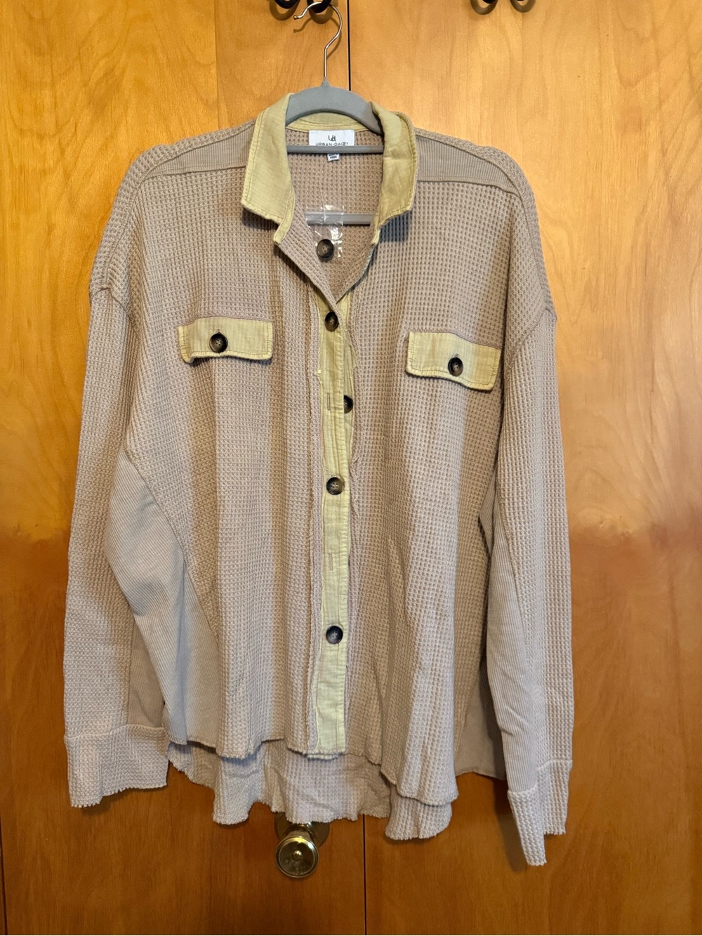 Waffle-Knit Beige Button-Front Cardigan with Contrast Trim